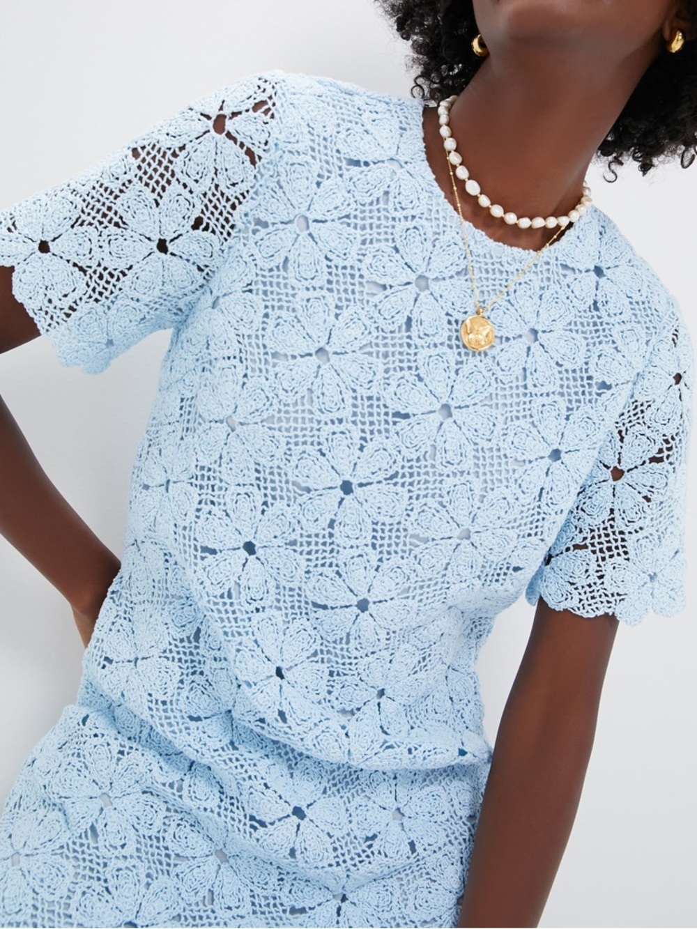 Tuckernuck Baby Blue Crochet Floral Belclaire Shift Short Sleeve Dress Sz Large - Picture 6 of 9